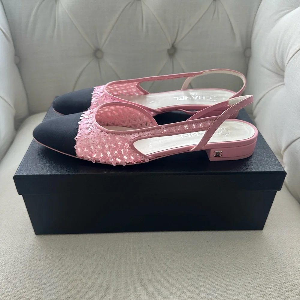 CHANEL Slingbacks Pink/Black Sequin Sofia Richie 23C With Box - Picture 6 of 15